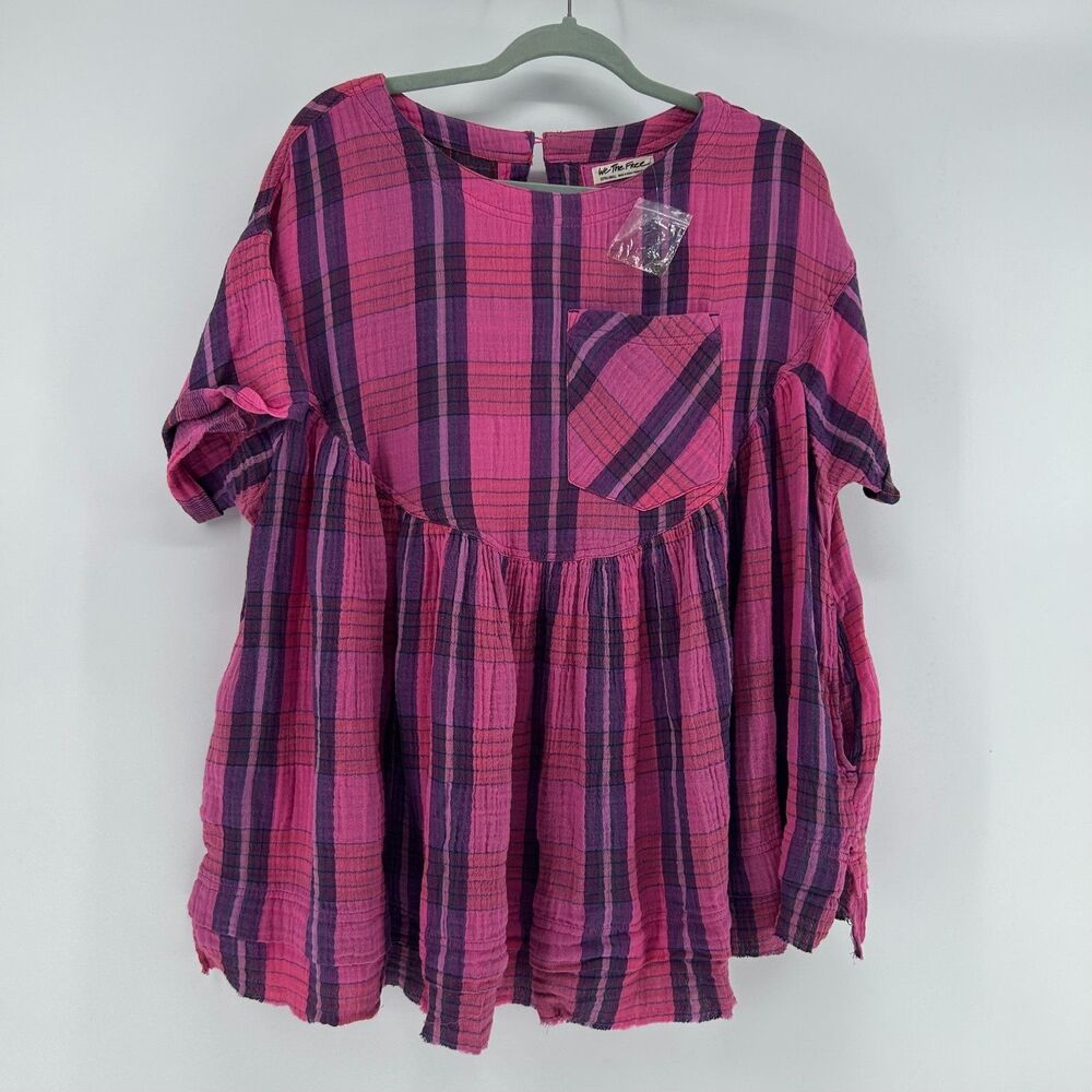 Free People Moon City Blouse Tunic Top Women's XS We The Free Plaid Pink Shirt
